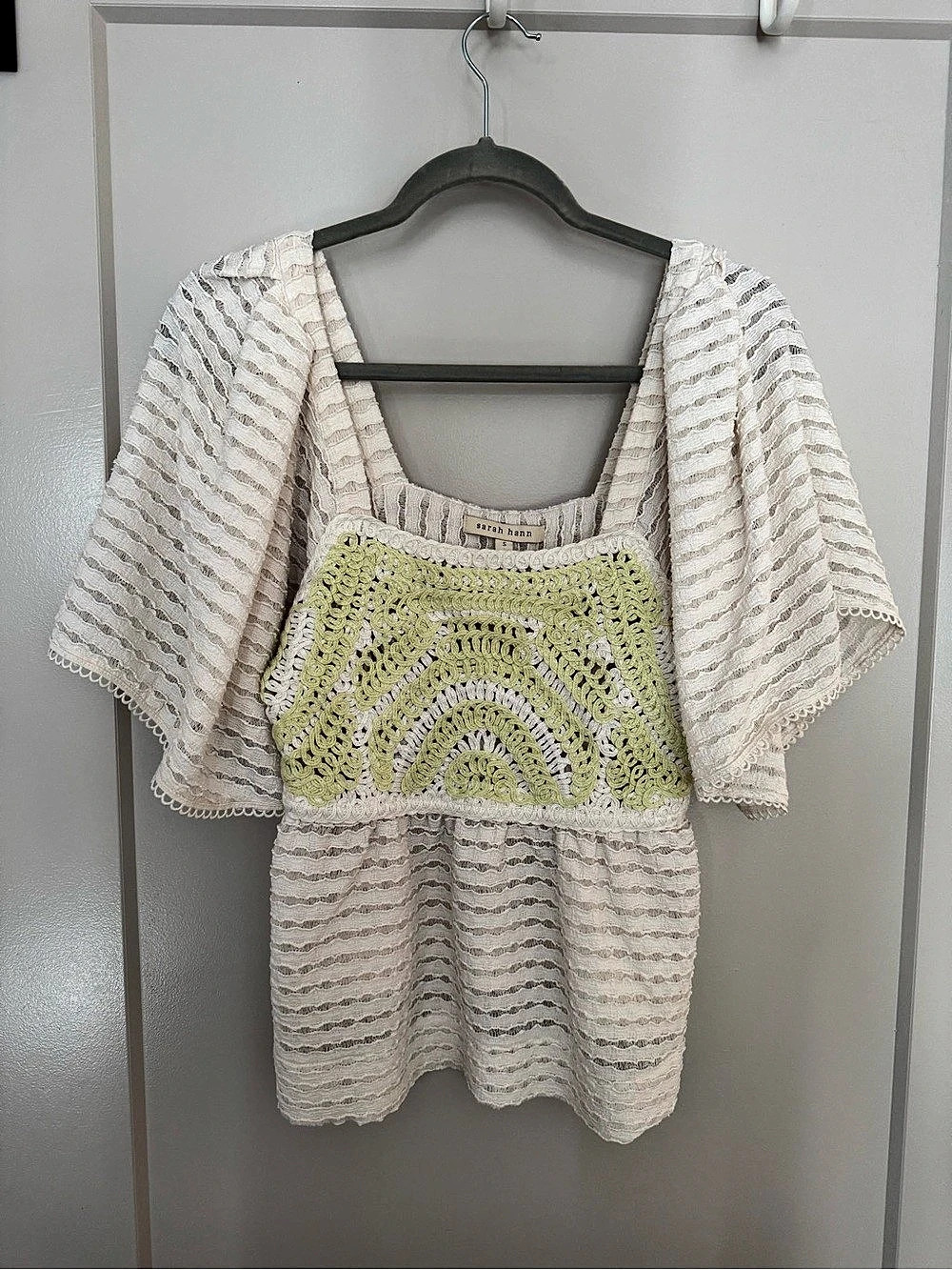 sarah hann Flutter-Sleeve Crochet Top Tunic Cream & Green Small